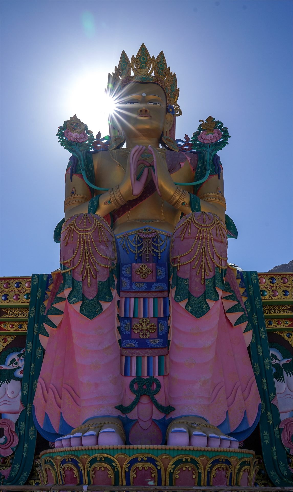 The Maitreya Buddha (Chamba) statue rising above Diskit Monastery in the Nubra valley