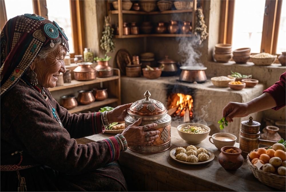 A Ladakhi grandmother laying out a Don feast beside the kitchen fire